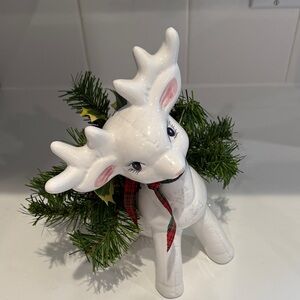 White Ceramic Reindeer with Green Accents